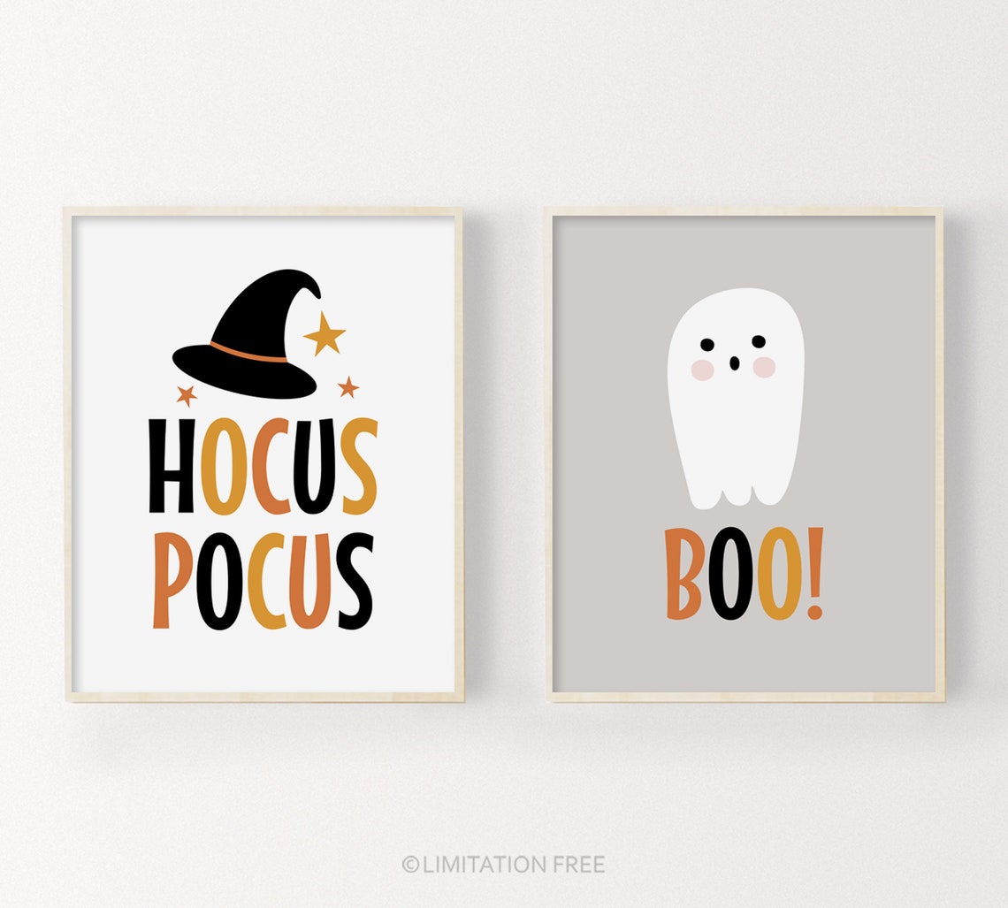 Cute Halloween Ghost Boo And Hocus Pocus Witch Hat Kids Wall Art