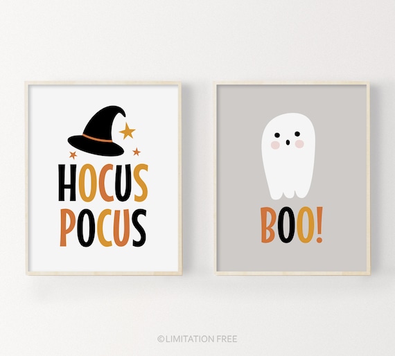 Cute Halloween Ghost Boo And Hocus Pocus Witch Hat Kids Wall Art