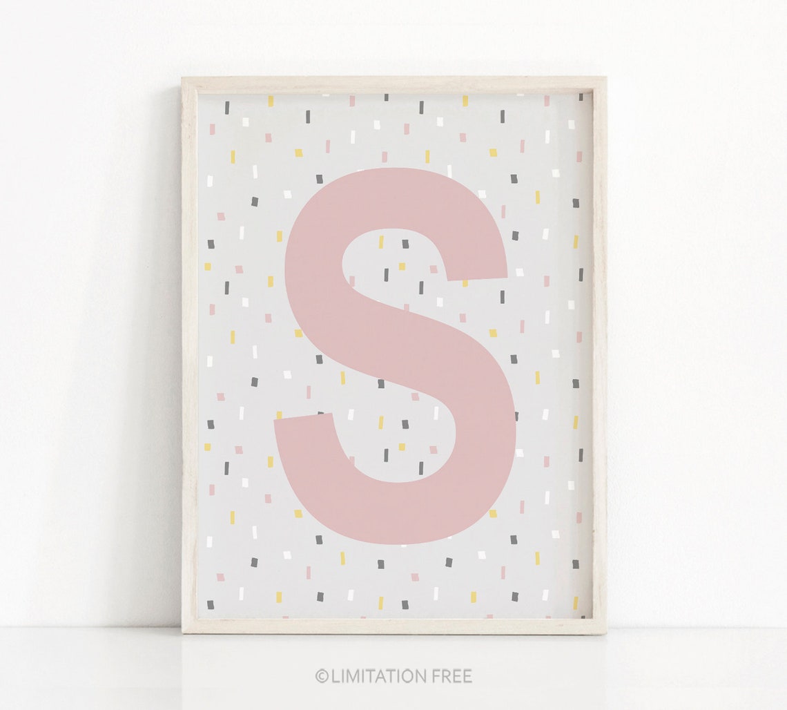 Letter S Monogram Blush Pink Confetti Nursery Print Girl Wall Art