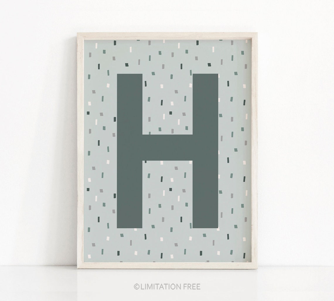 Letter H Monogram Sage Green Confetti Nursery Print Baby Wall Art