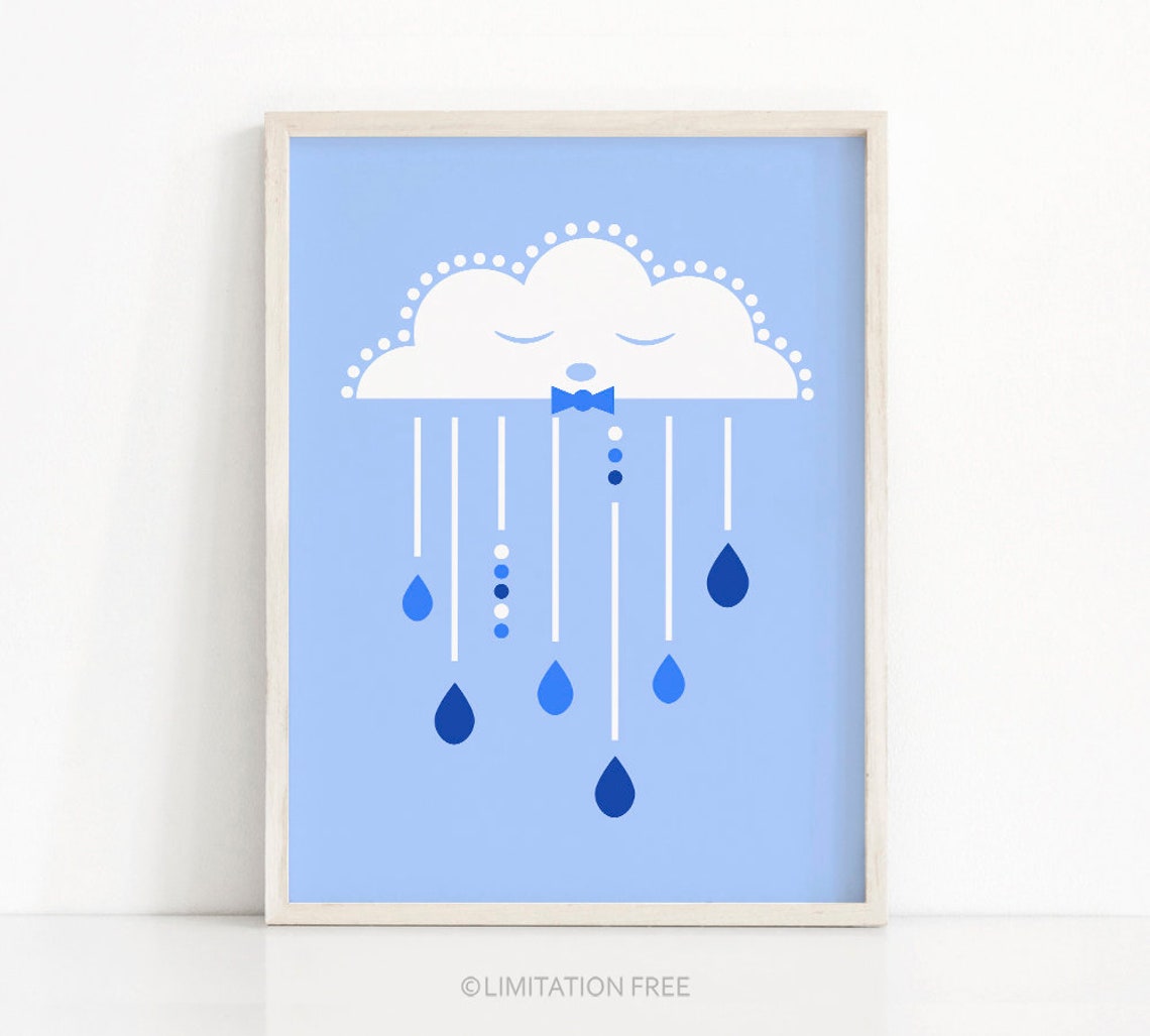 Sleeping Cloud With Pink Bow Baby Girl Nursery Wall Poster Blue Decor - Image 2
