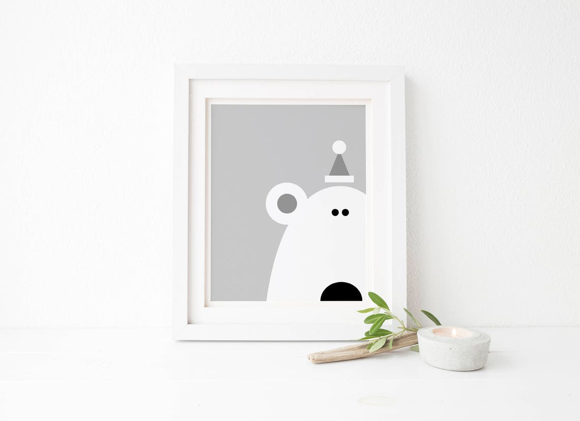 Minimalist White Polar Bear With Party Hat Gray Winter Nursery Print