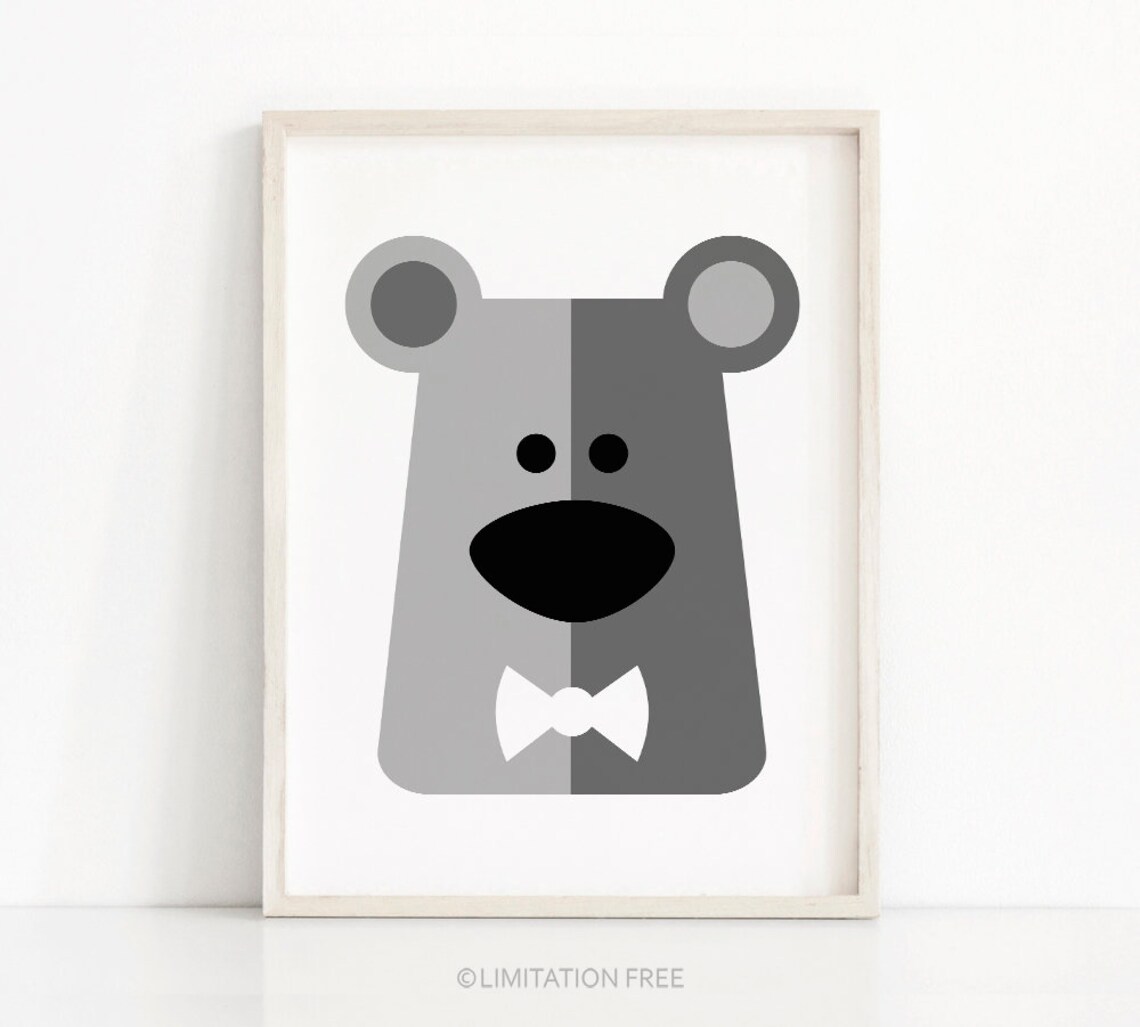 Gray Geometric Bear Head With Bow Tie Baby Nursery Animal Poster Wall Decor