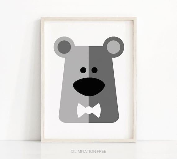 Gray Geometric Bear Head With Bow Tie Baby Nursery Animal Poster Wall Decor