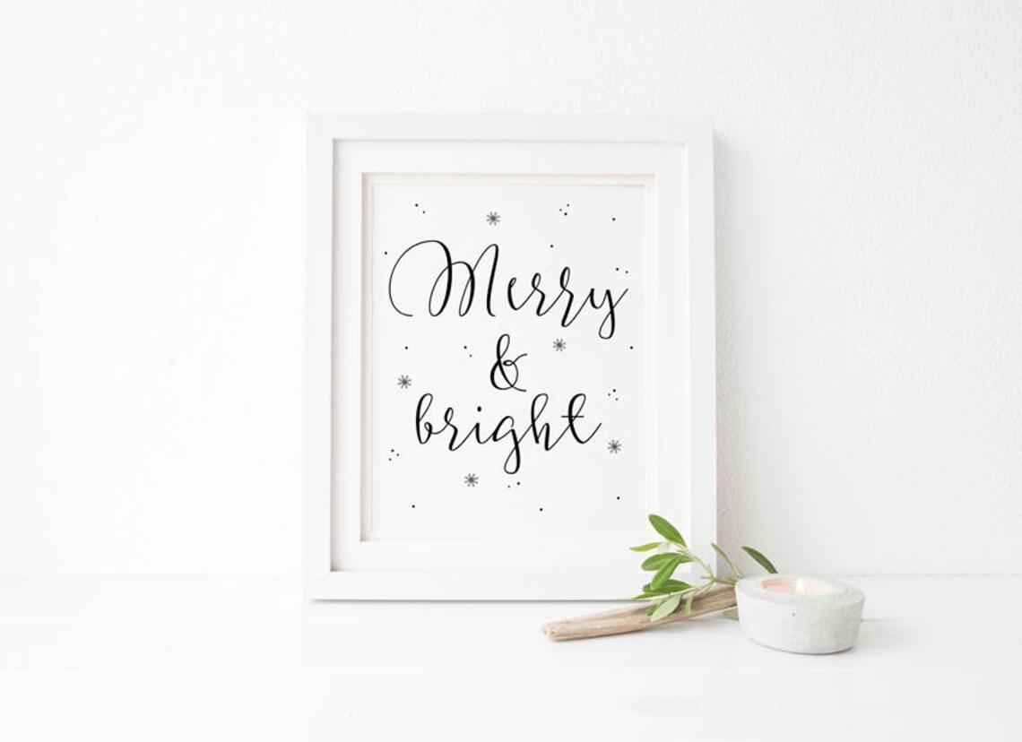 Merry And Bright Christmas Print, Black and White Art Print