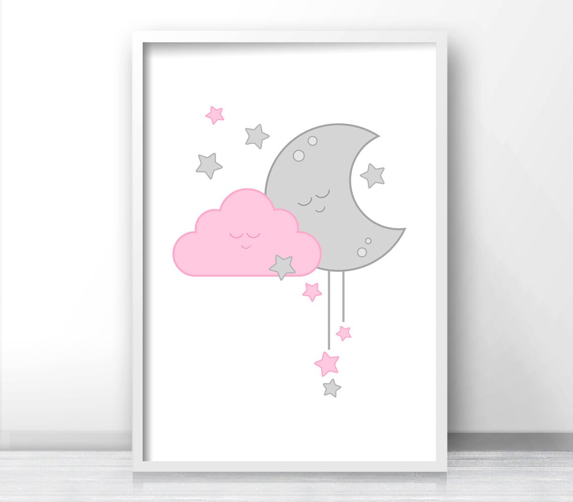 Pink And Gray Moon And Stars Nursery Art Print - Image 4
