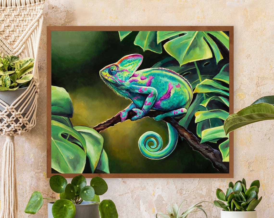 Colorful Chameleon on a Branch with Giant Monstera Leaves Poster
