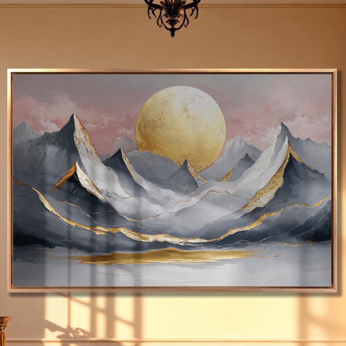 Giant Golden Moon Over Misty Gray Mountain Peaks Abstract Poster