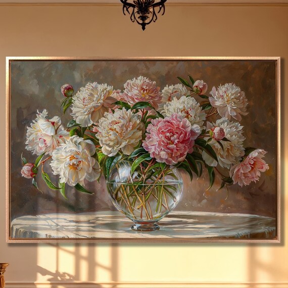 Peonies in Crystal Vase, Modern Floral Art Print
