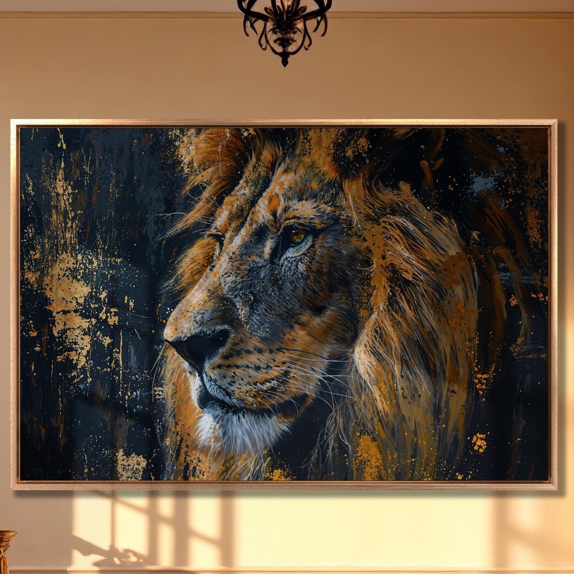 Lion Profile in Golden Black Oil Painting Wildlife Portrait Poster