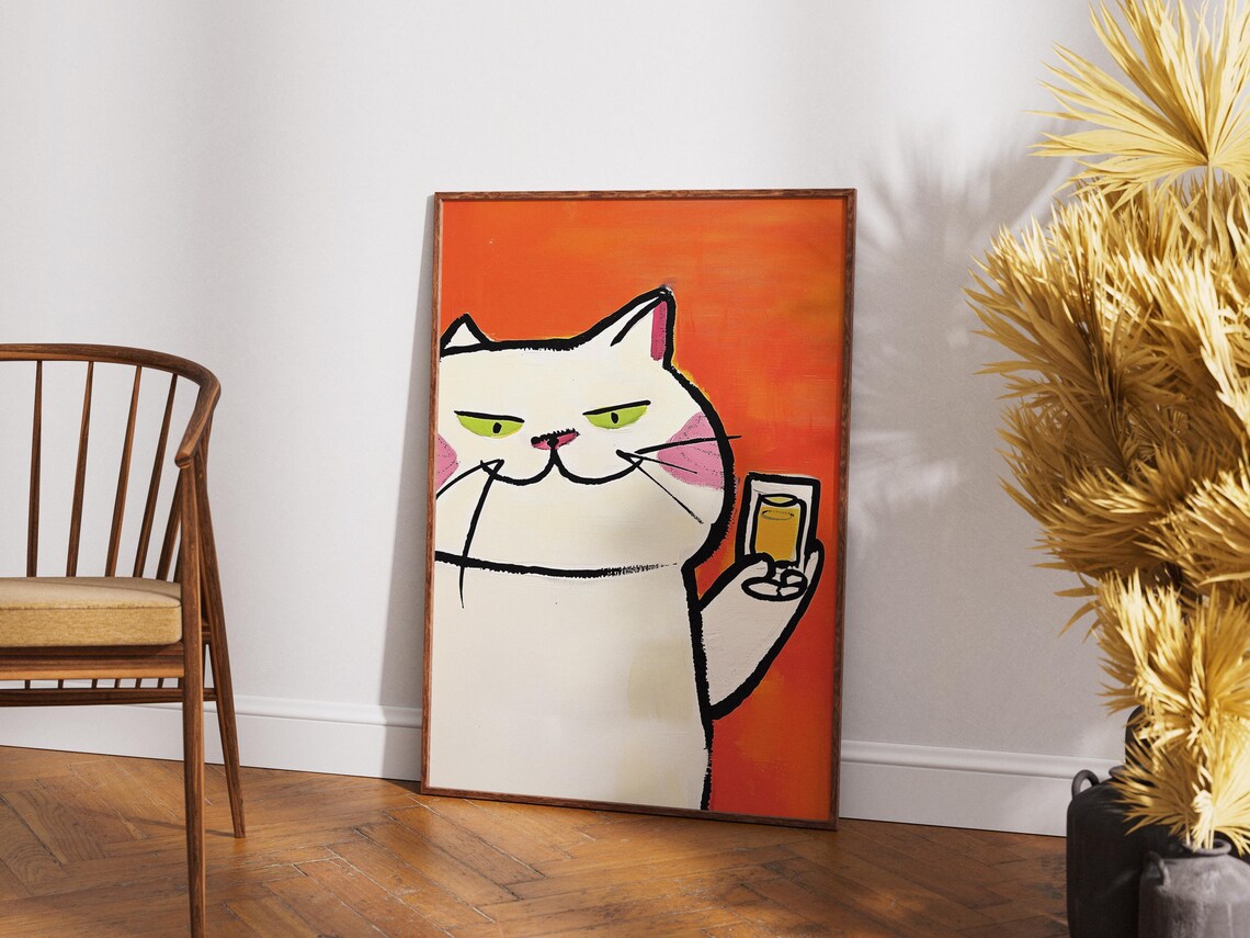 Cheers Cat Funny White Cat Holding Drink Orange Pop Art Poster