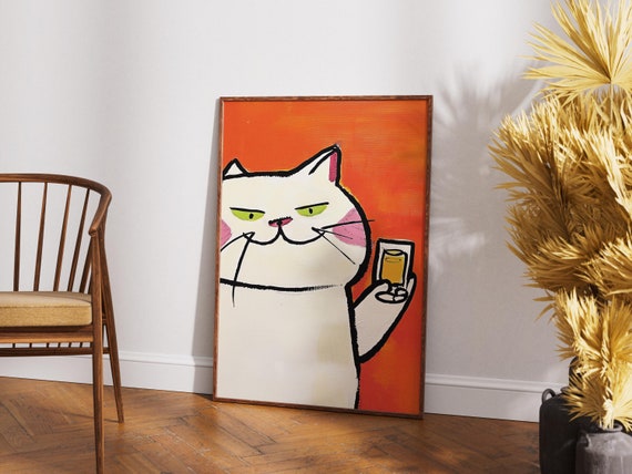Cheers Cat Poste Funny Pop Art Print Orange Wall Decor Cat Lover Gift Contemporary Feline Portrait Quirky Wall Art Cocktail Cat Poster