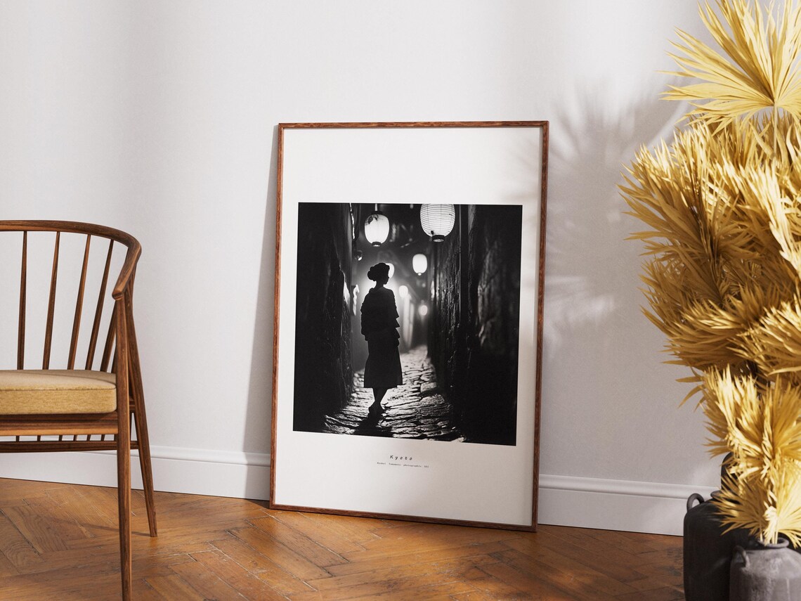 Kyoto Japan Night Lantern Alley Black White Photo Art Poster