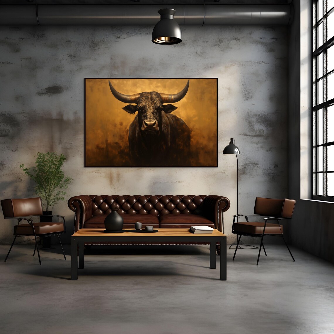 Majestic Longhorn Bull Portrait Poster with Rustic Golden Background - Image 2