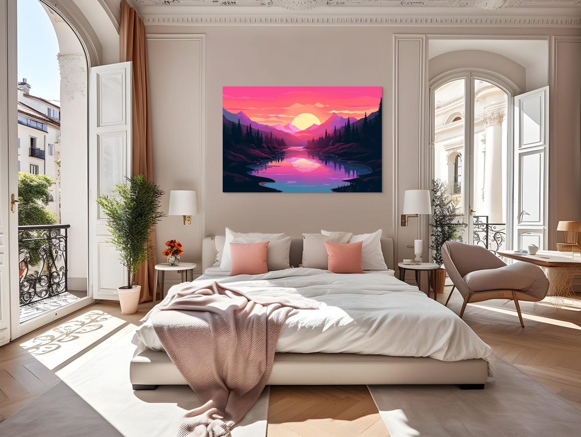 Sunset Mountain Landscape Print Vibrant Pink Purple Nature Wall Art Serene Forest And Lake Decor - Image 5