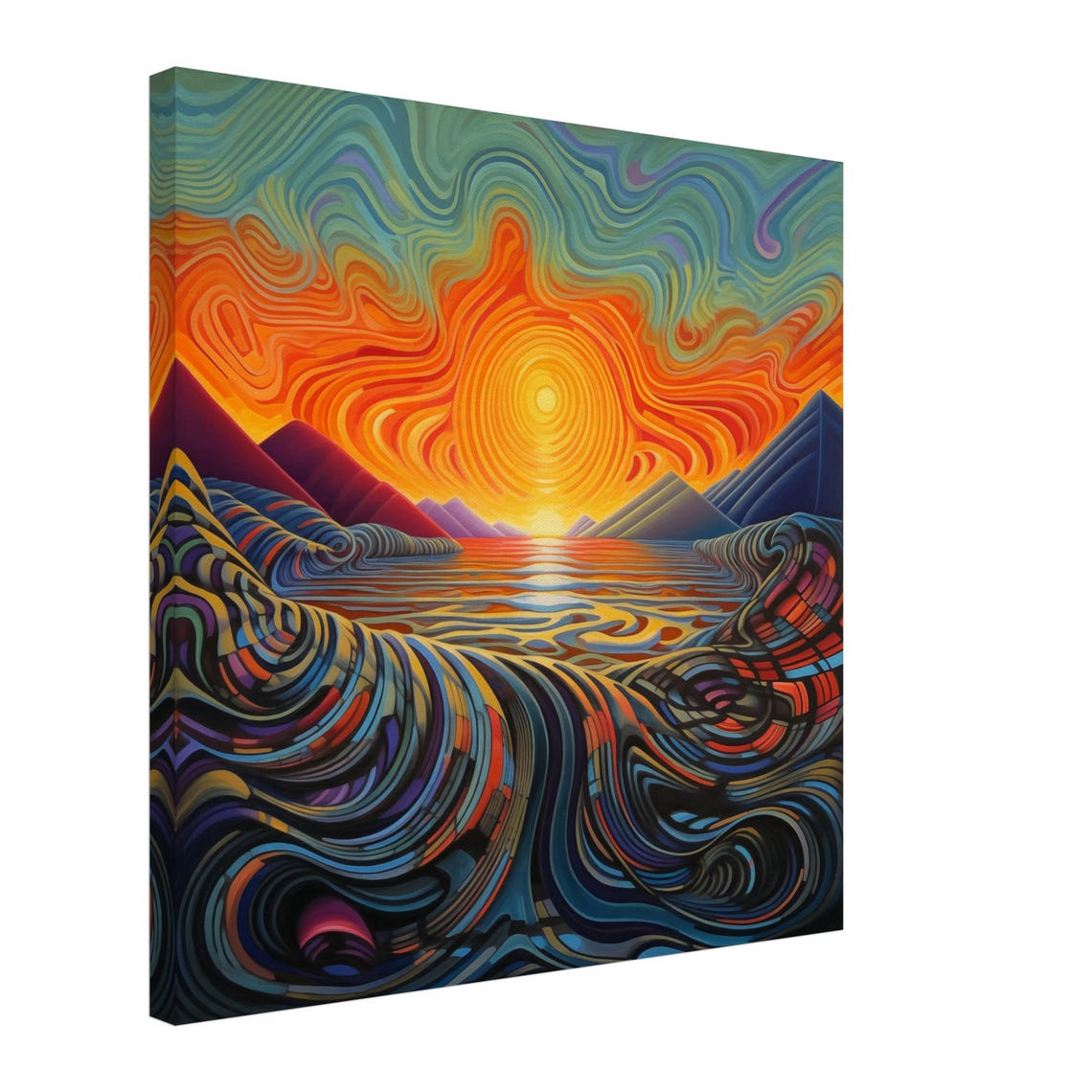 Psychedelic Sunrise Swirl Abstract Mountain Lake Poster with Wavy Sky - Image 3