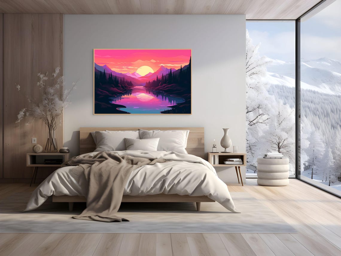 Sunset Mountain Landscape Print Vibrant Pink Purple Nature Wall Art Serene Forest And Lake Decor - Image 3