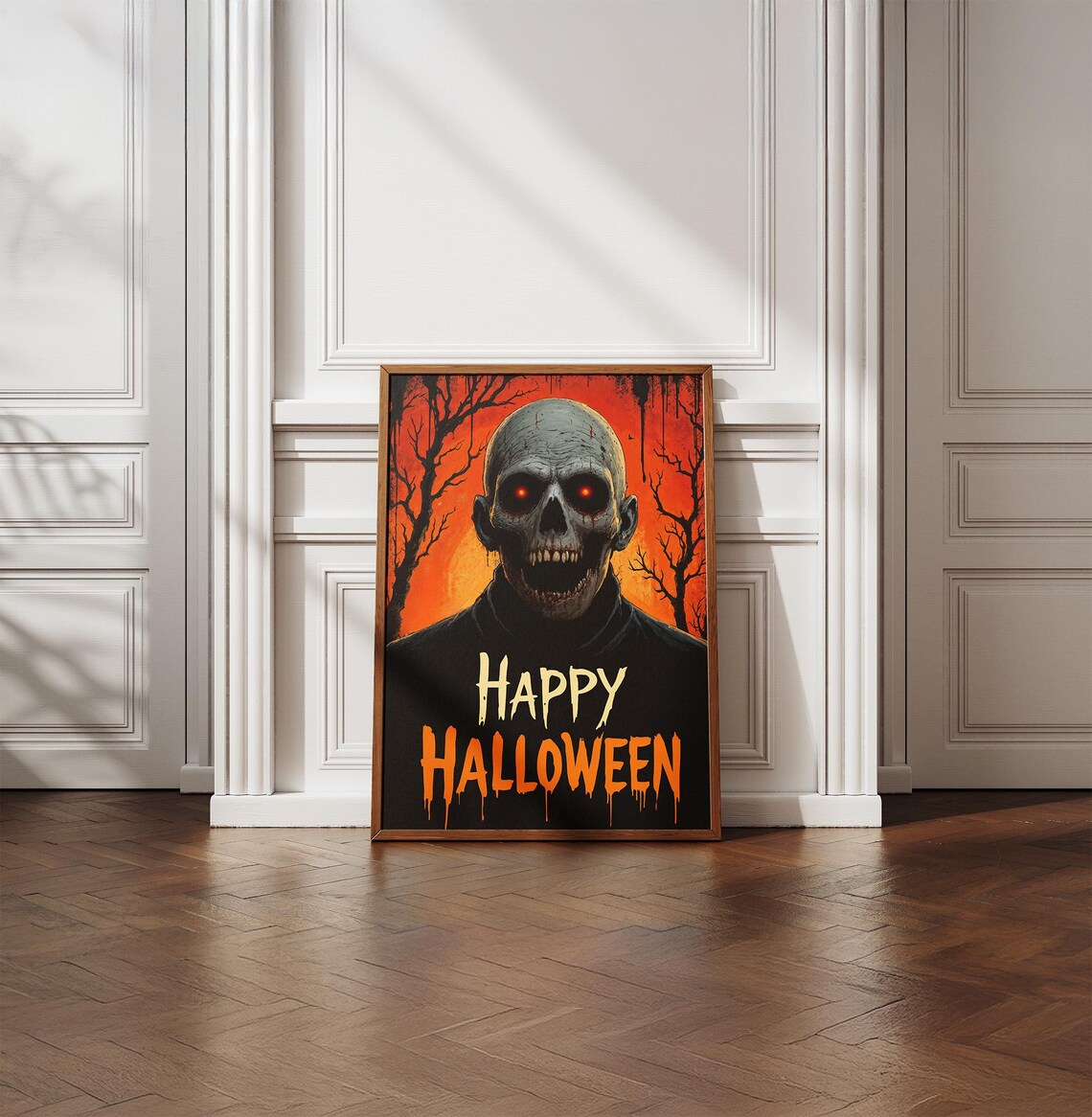Happy Halloween Skeleton Glowing Red Eyes Horror Night Scene Poster