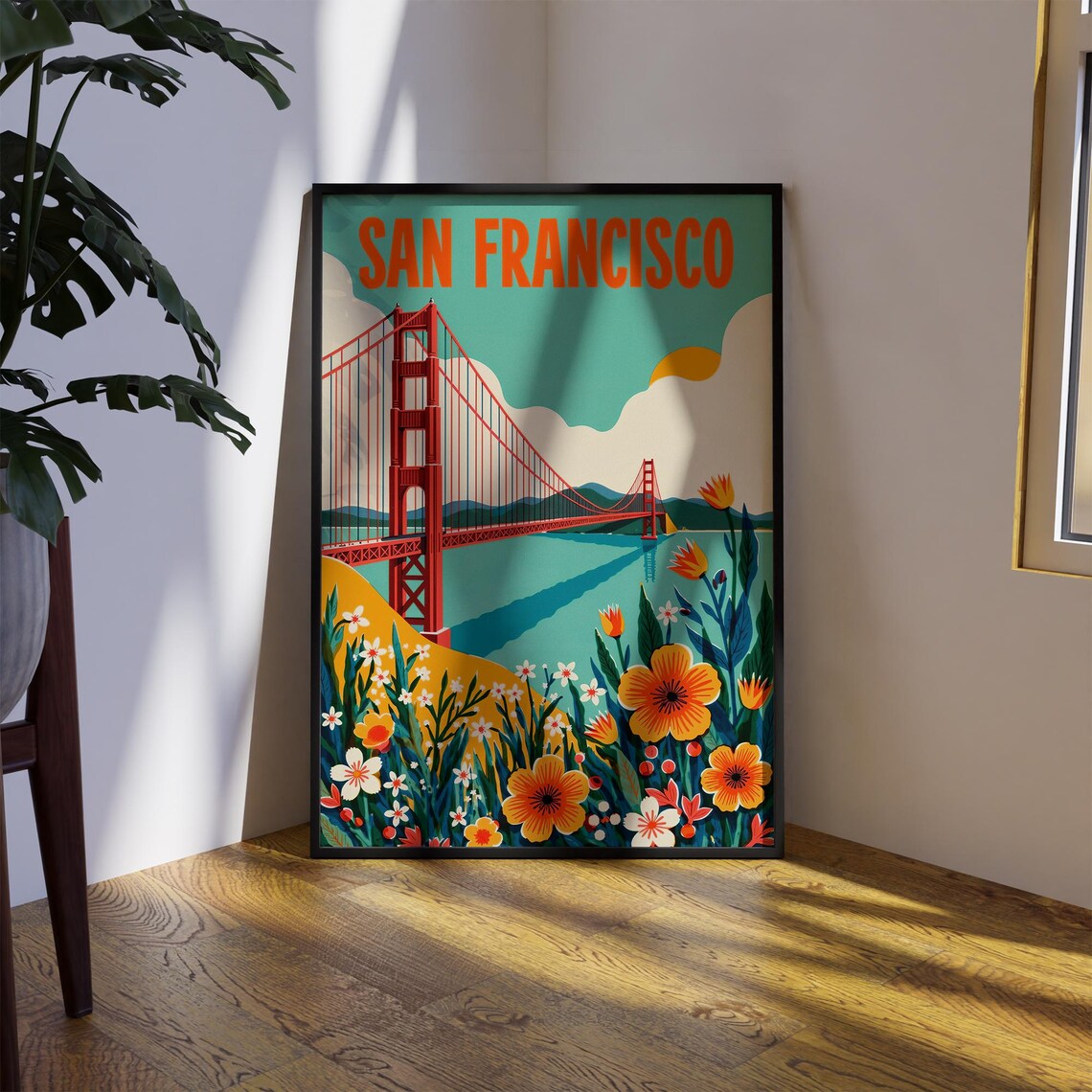 San Francisco Golden Gate Bridge Flowers Vintage Travel Poster
