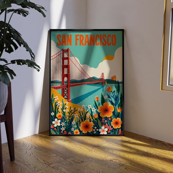 San Francisco Golden Gate Bridge Flowers Vintage Travel Poster