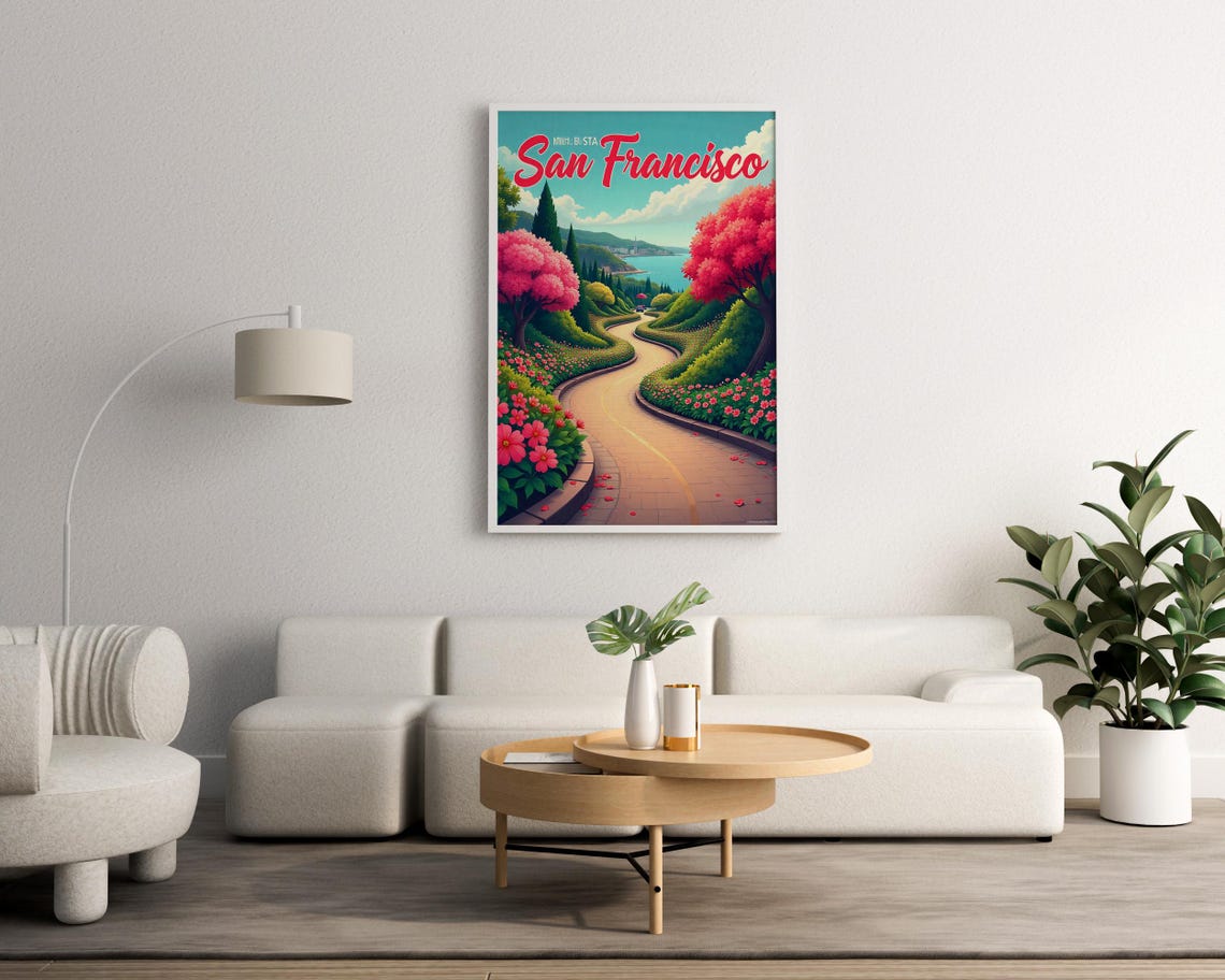 San Francisco Pink Blossom Path Garden Bay View Colorful Poster