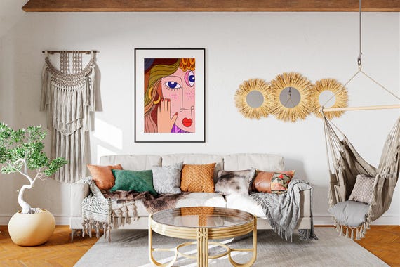Minimal Portrait Illustration Green Coat Poster Boho Wall Art Retro Home Decor Print