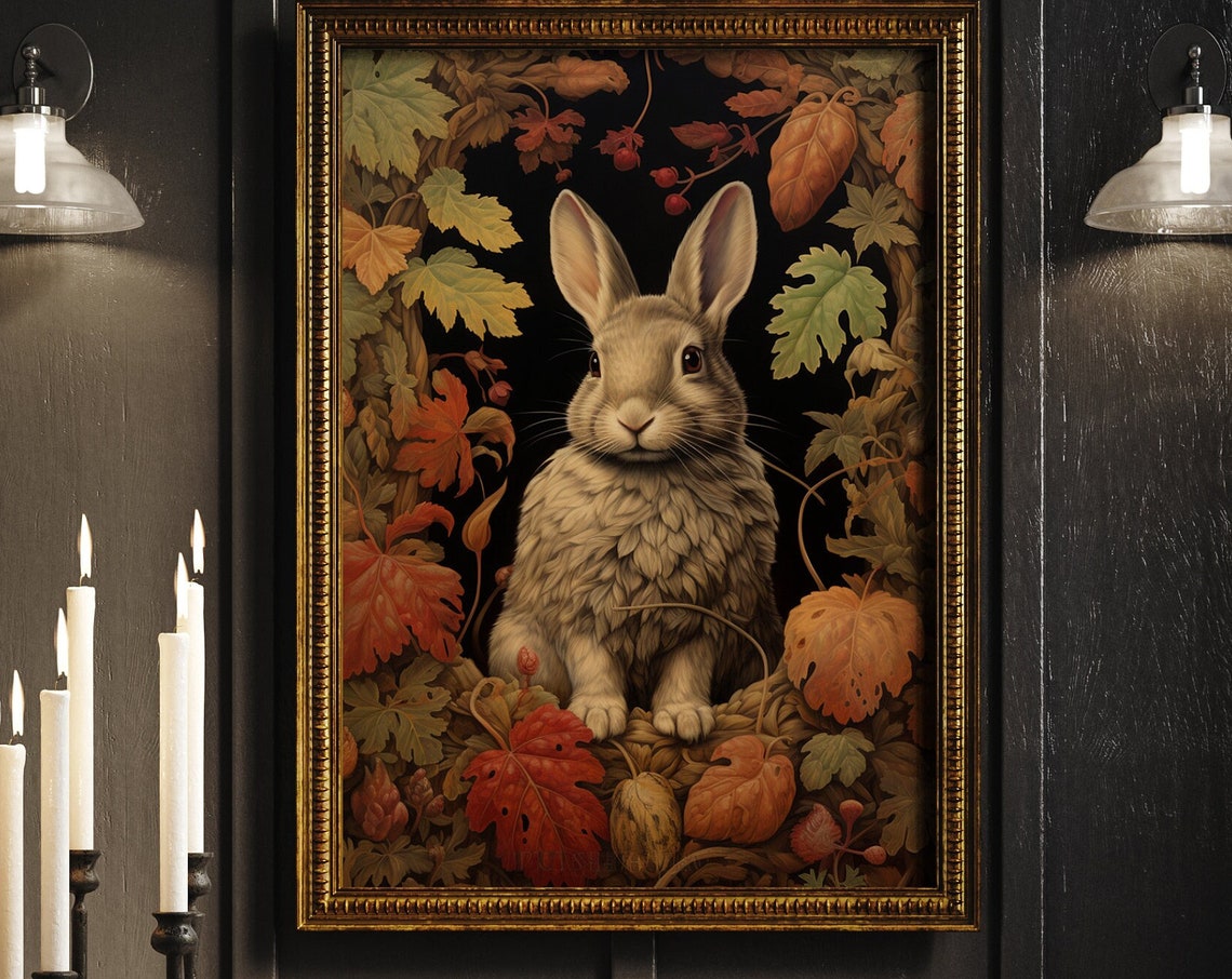 Soft Rabbit in Autumn Leaves Wreath Dark Fall Botanical Poster