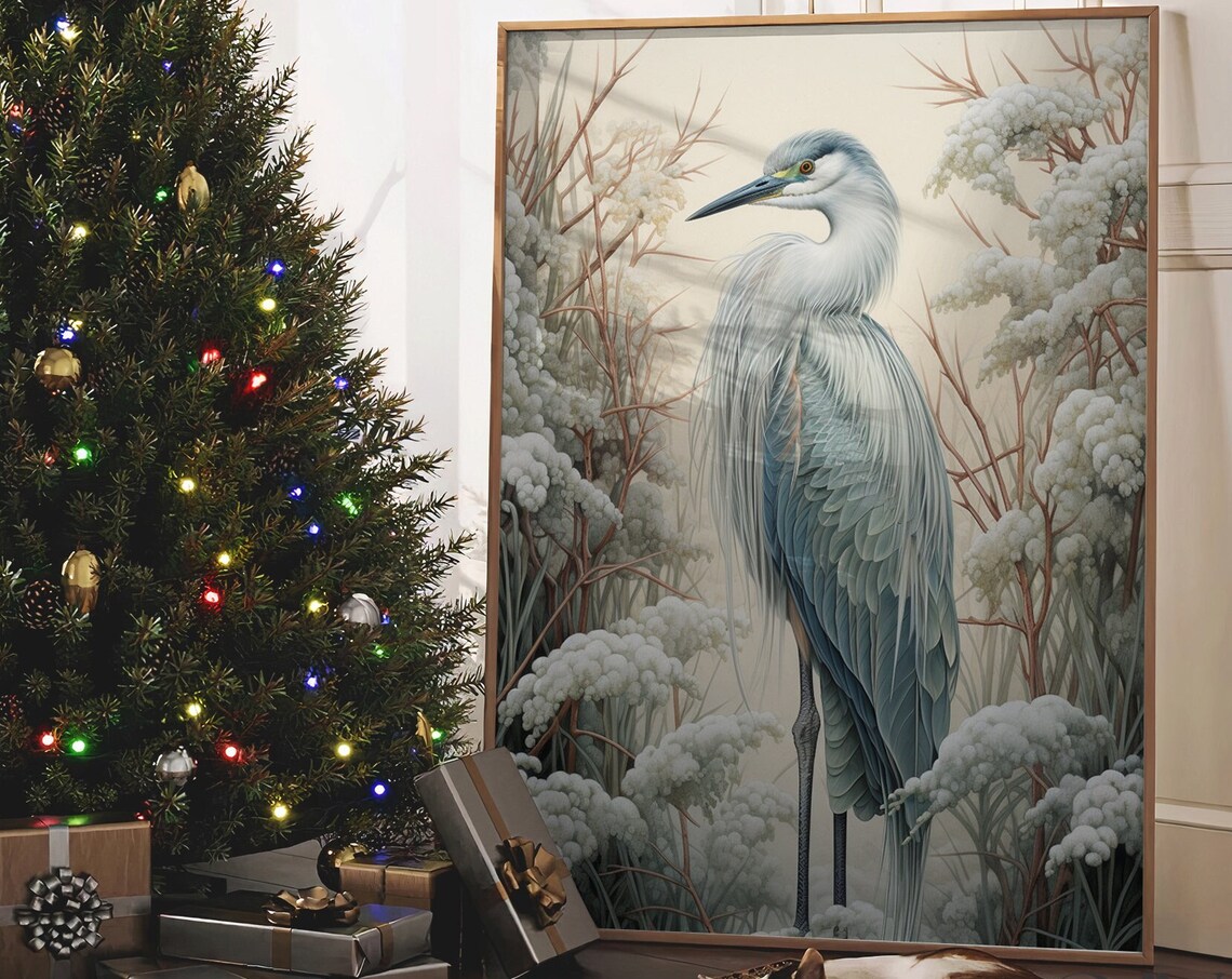 William Morris-Inspired Crane Bird Winter Art Print