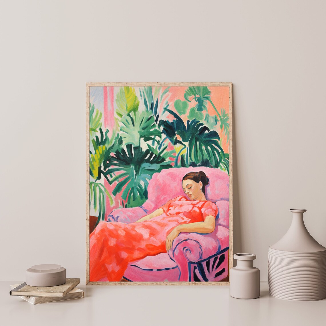 Sleeping Lady Pink Armchair Tropical Leaves Retro Painting Poster - Image 3