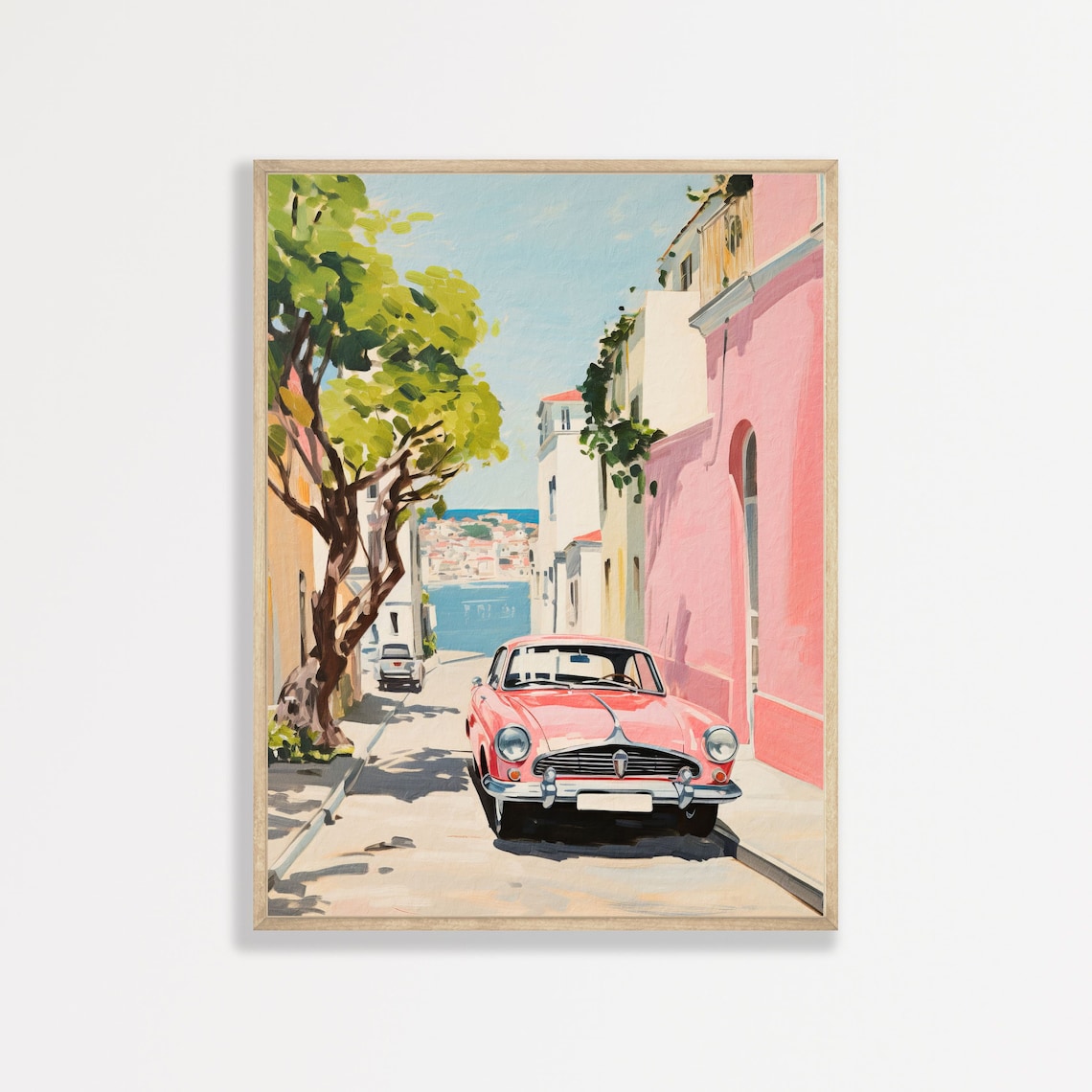 Vintage Red Car Pink Coastal Street Sea View Retro Art Poster