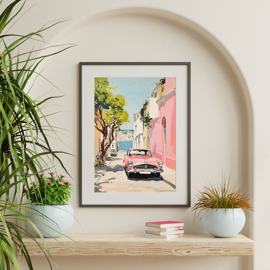 Vintage Red Car Pink Coastal Street Sea View Retro Art Poster - Image 2