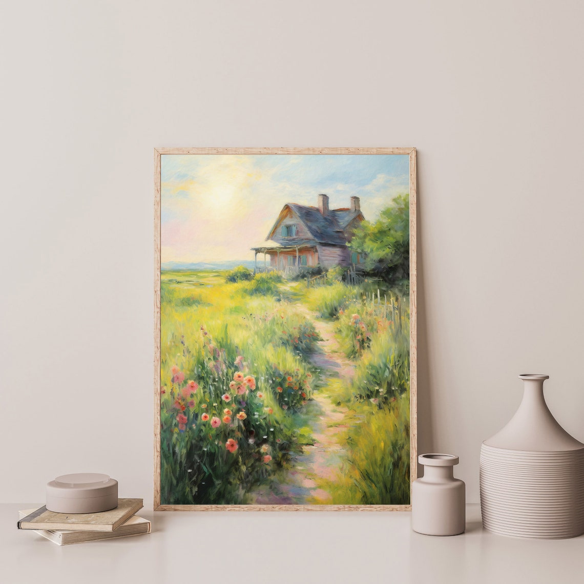 Farmhouse Painting Vintage Countryside Cottage Wall Art Country Nature Landscape Antique Home Decor P 941 - Image 3