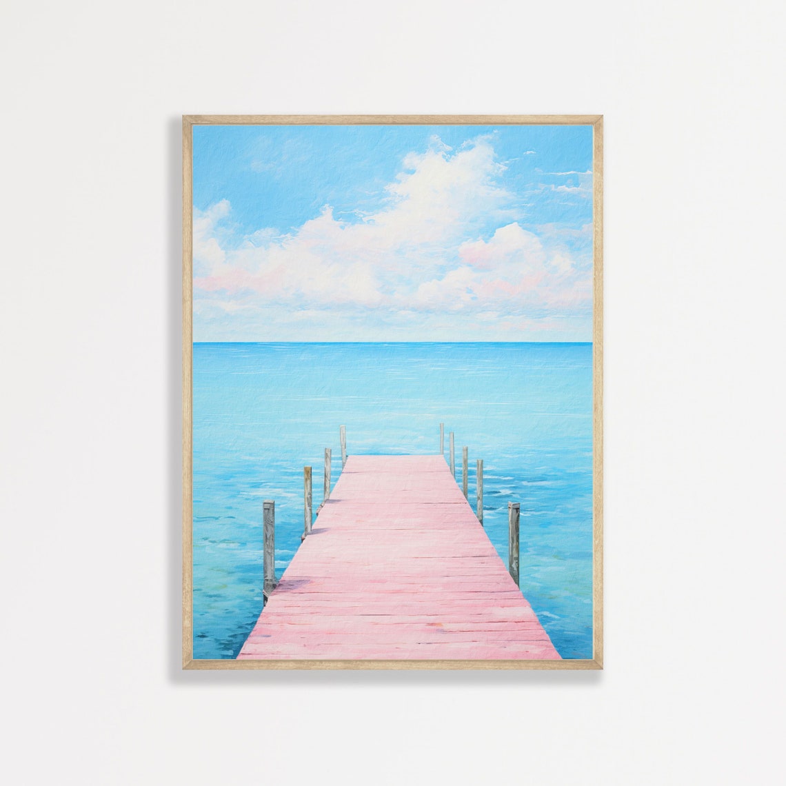 Pink Wooden Dock Turquoise Sea Bright Blue Sky Pastel Painting Poster