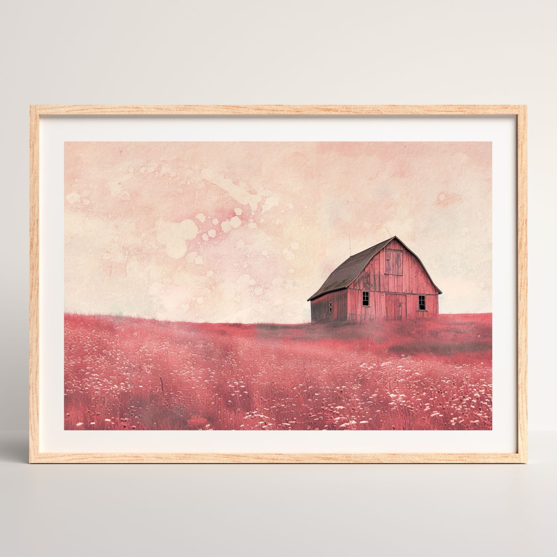 Red Barn Pink Wildflower Field Watercolor Countryside Art Poster - Image 2