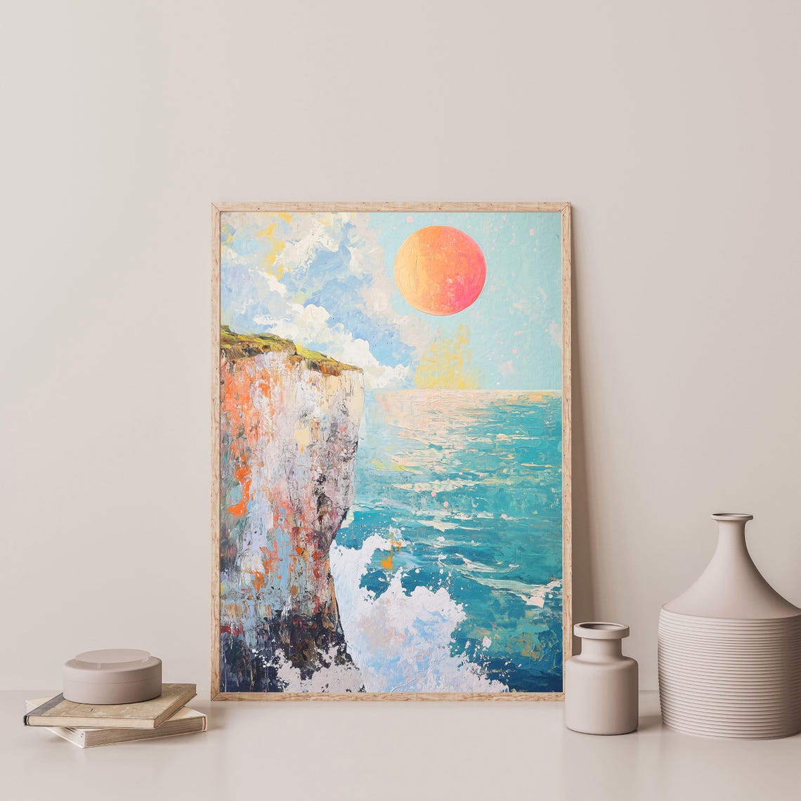 Ocean Cliff Sunset Giant Sun Crashing Waves Abstract Coastal Poster - Image 3