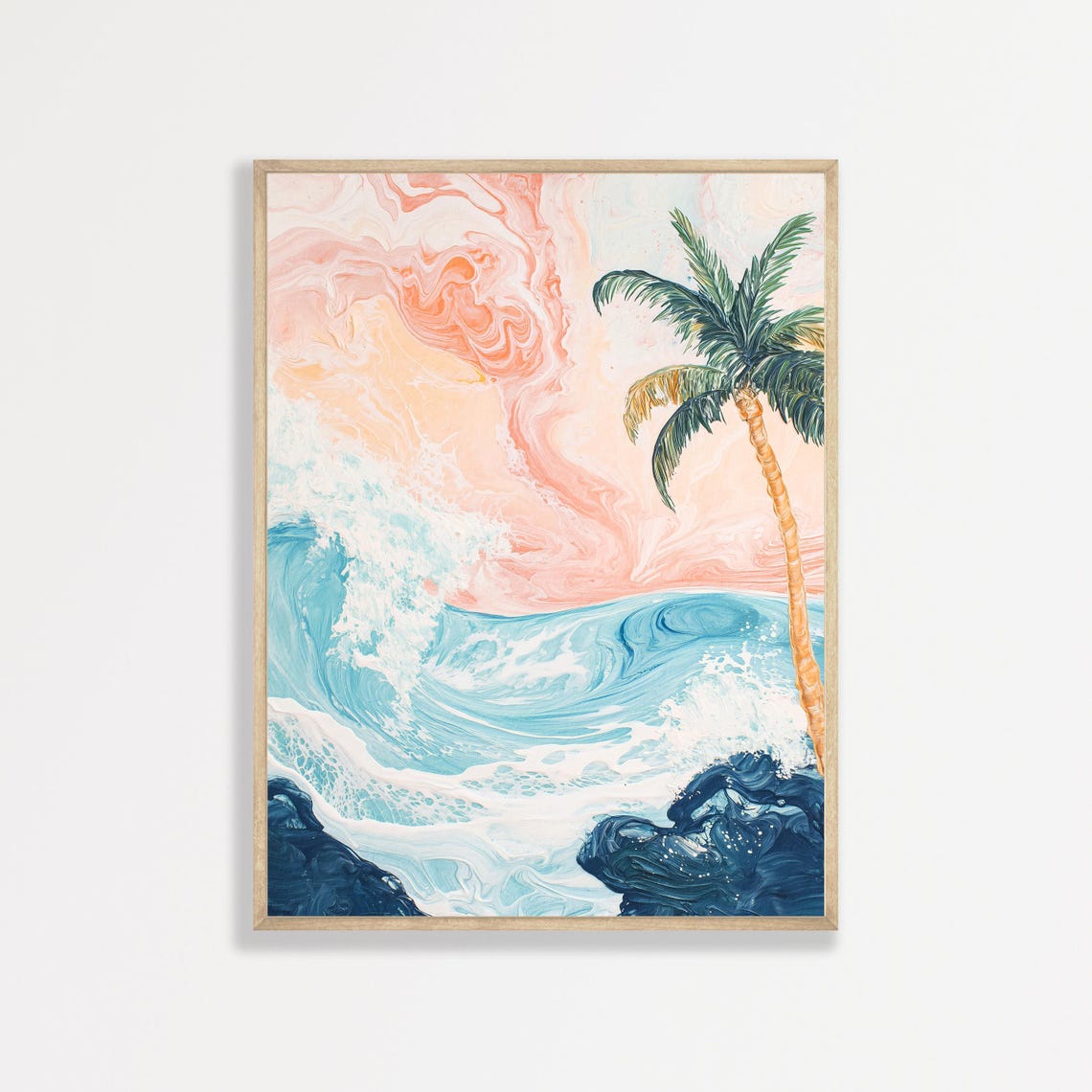 Abstract Palm Tree Dreamy Tropical Ocean Wave Sunset Art Poster