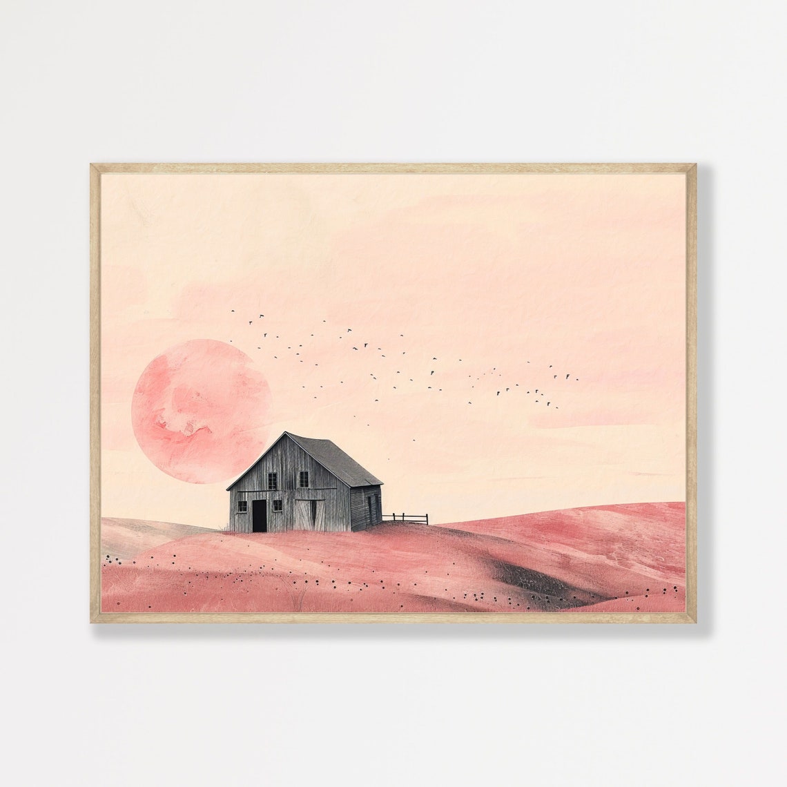Pink Minimalist Barn at Sunset Pastel Farmhouse Countryside Art Poster