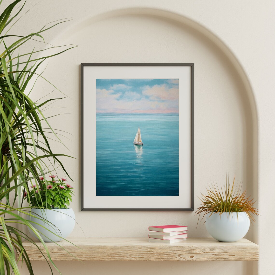 Lone Sailboat Retro Minimal Seascape Art Print - Image 2
