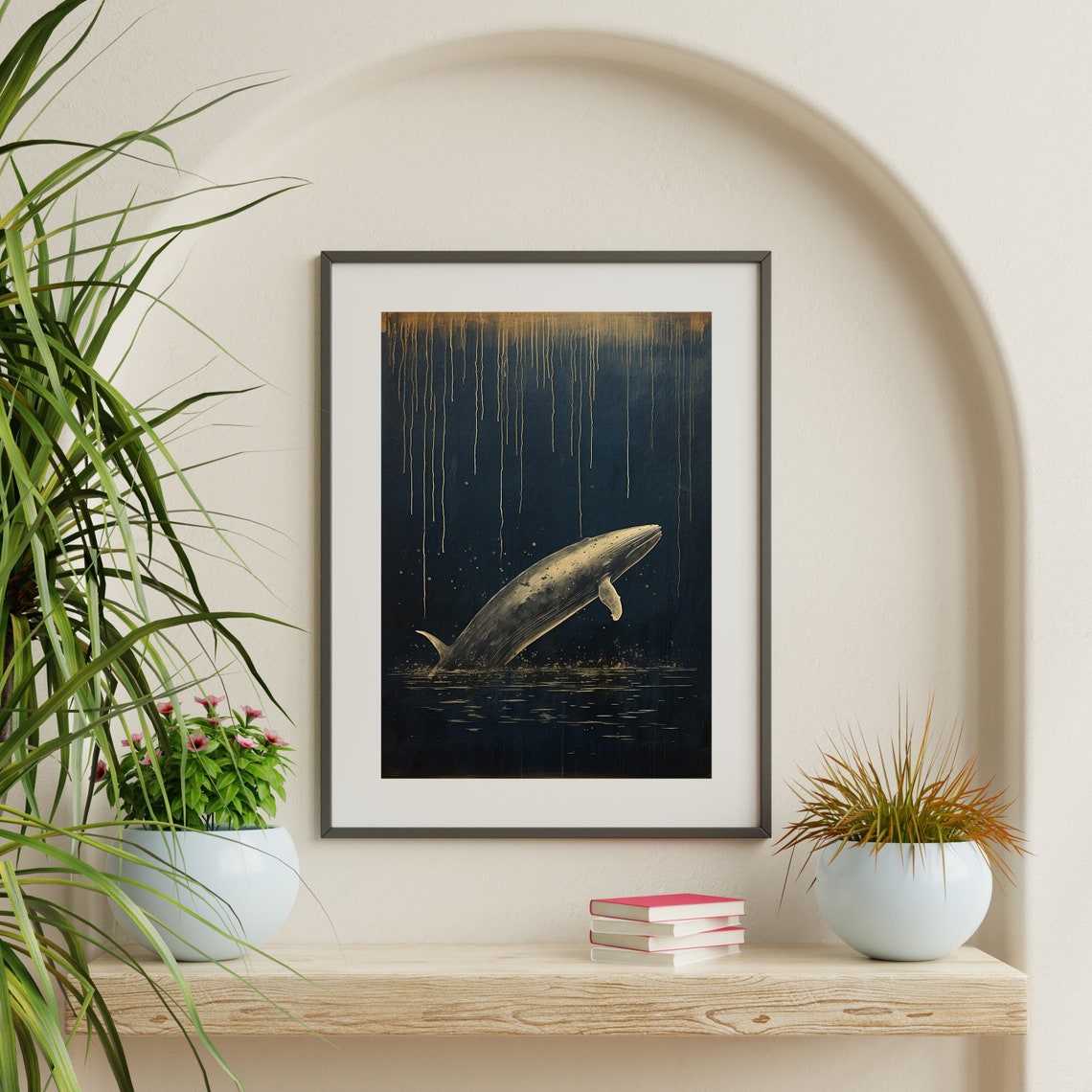 Dark Whale Print Navy Blue And Gold Wall Art Vintage Japanese Art Moody Modern Artwork Minimal Japandi Decor P 695 - Image 2