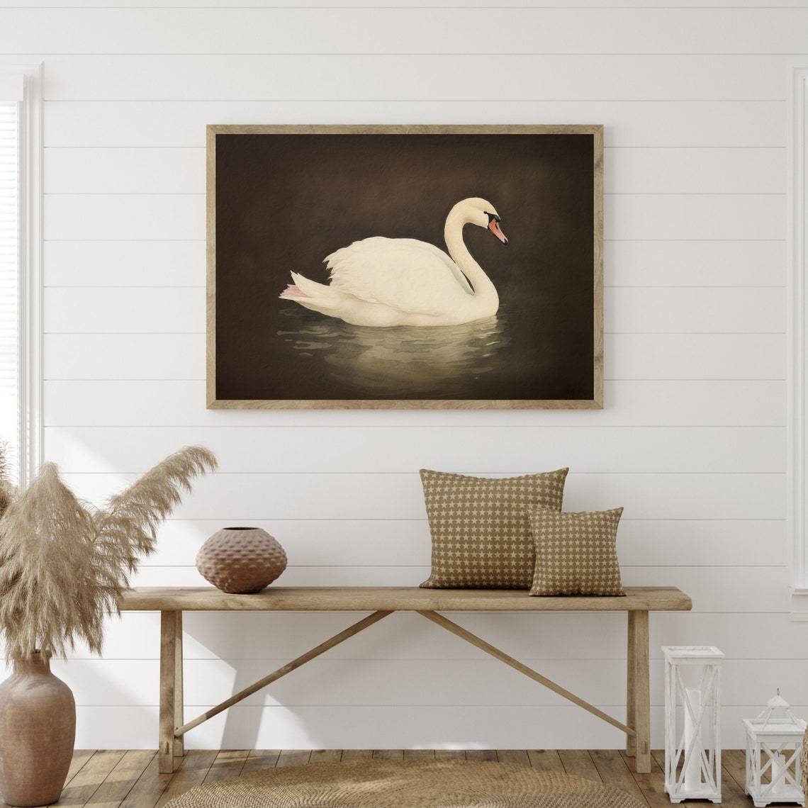 White Swan Gliding on Dark Water Moody Wildlife Wall Art Poster - Image 3
