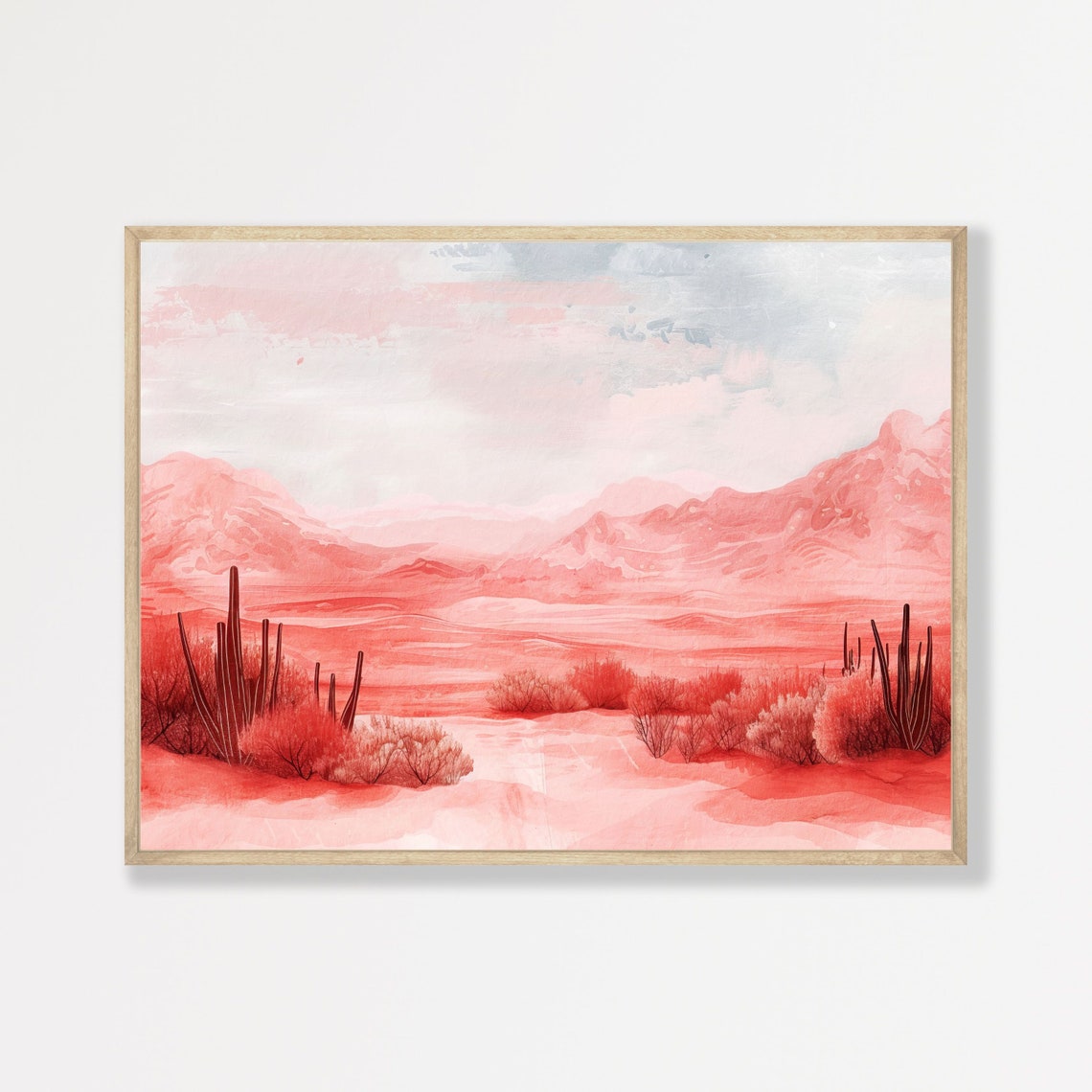Pink Watercolor Desert Cactus Mountains Soft Pastel Art Poster