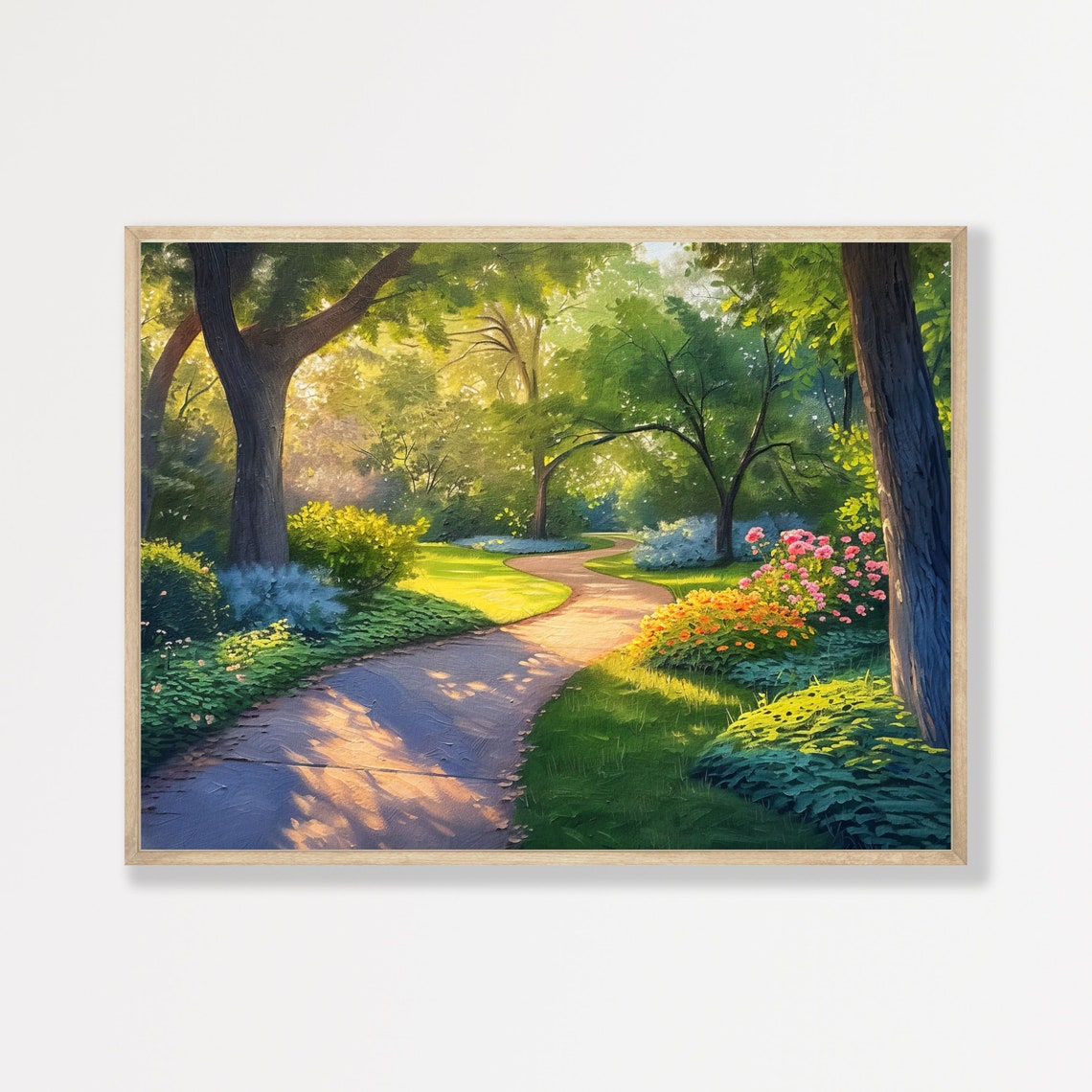 Sunlit Woodland Garden Path Pink Orange Flowerbeds Garden Poster