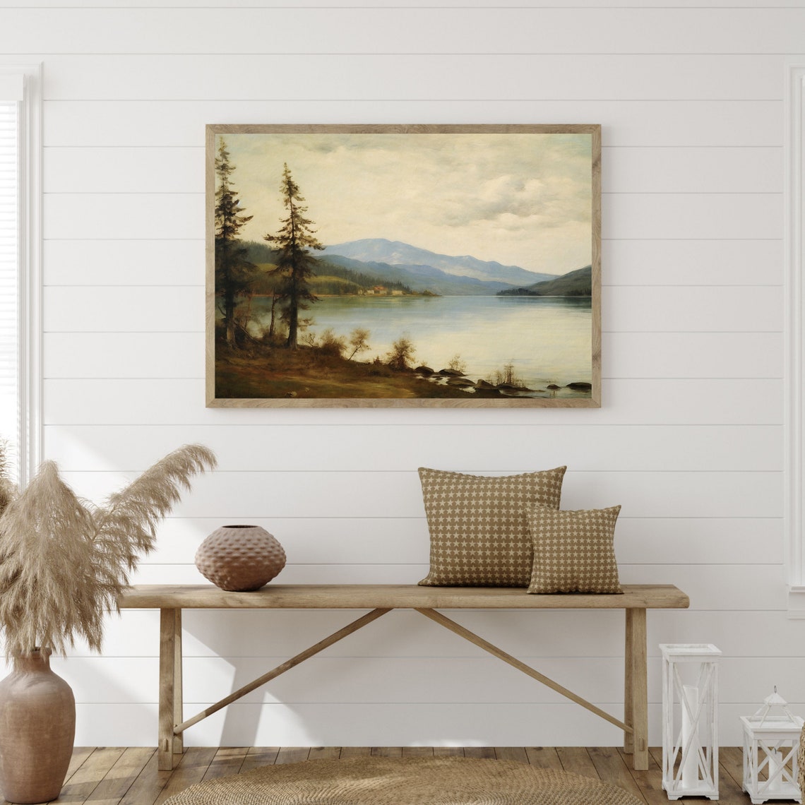 Rustic Lake Painting Vintage Landscape Wall Art Moody Nature Scenery Cottage Farmhouse Wall Decor P 828 - Image 3