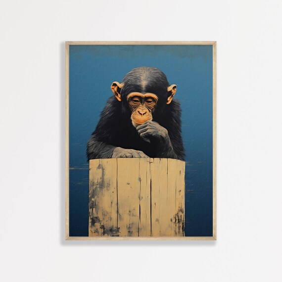 Chimpanzee Portrait Deep Blue Thinking Monkey Moody Animal Wall Art Print