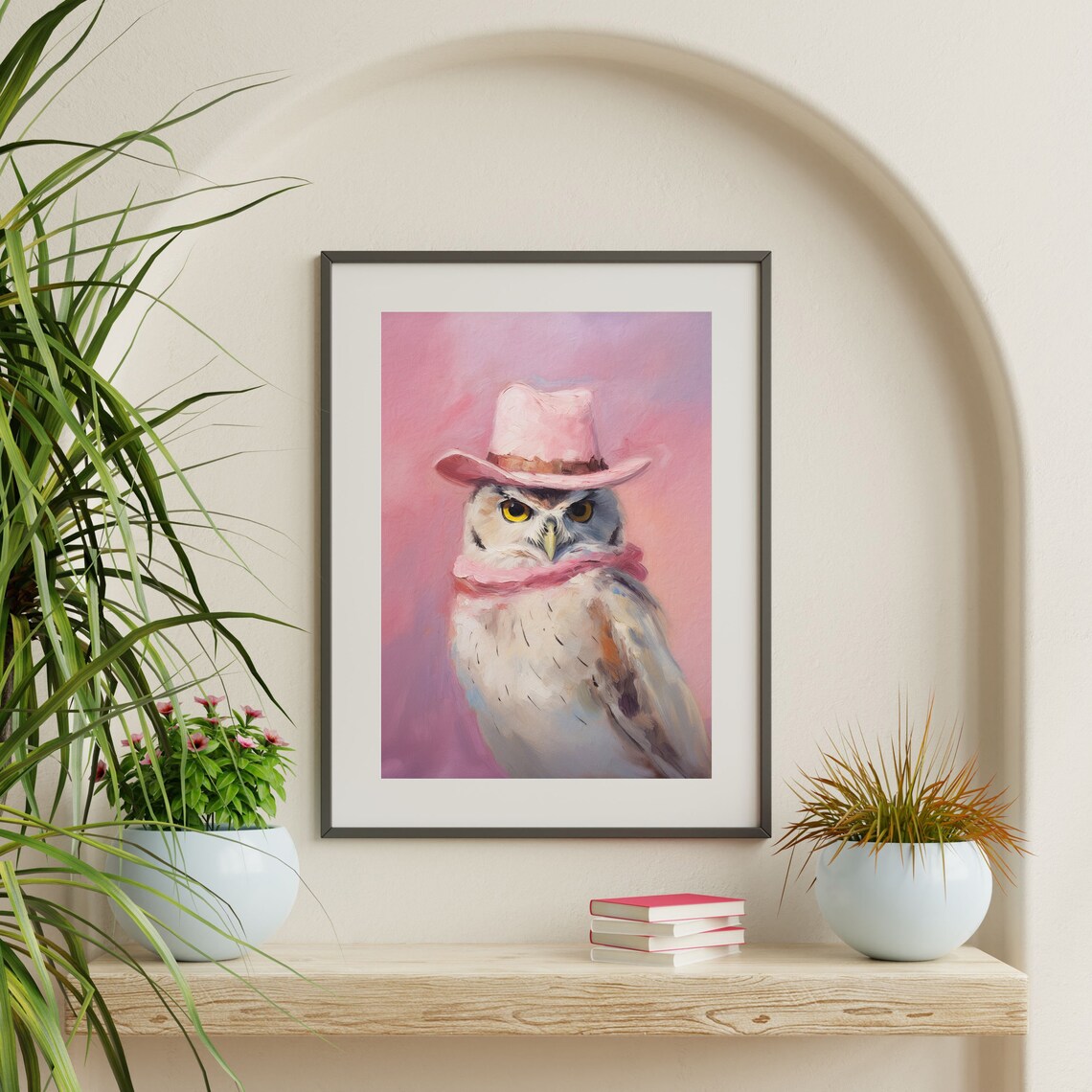 Owl In Pink Cowboy Hat And Scarf Funny Bird Portrait Wall Art - Image 2