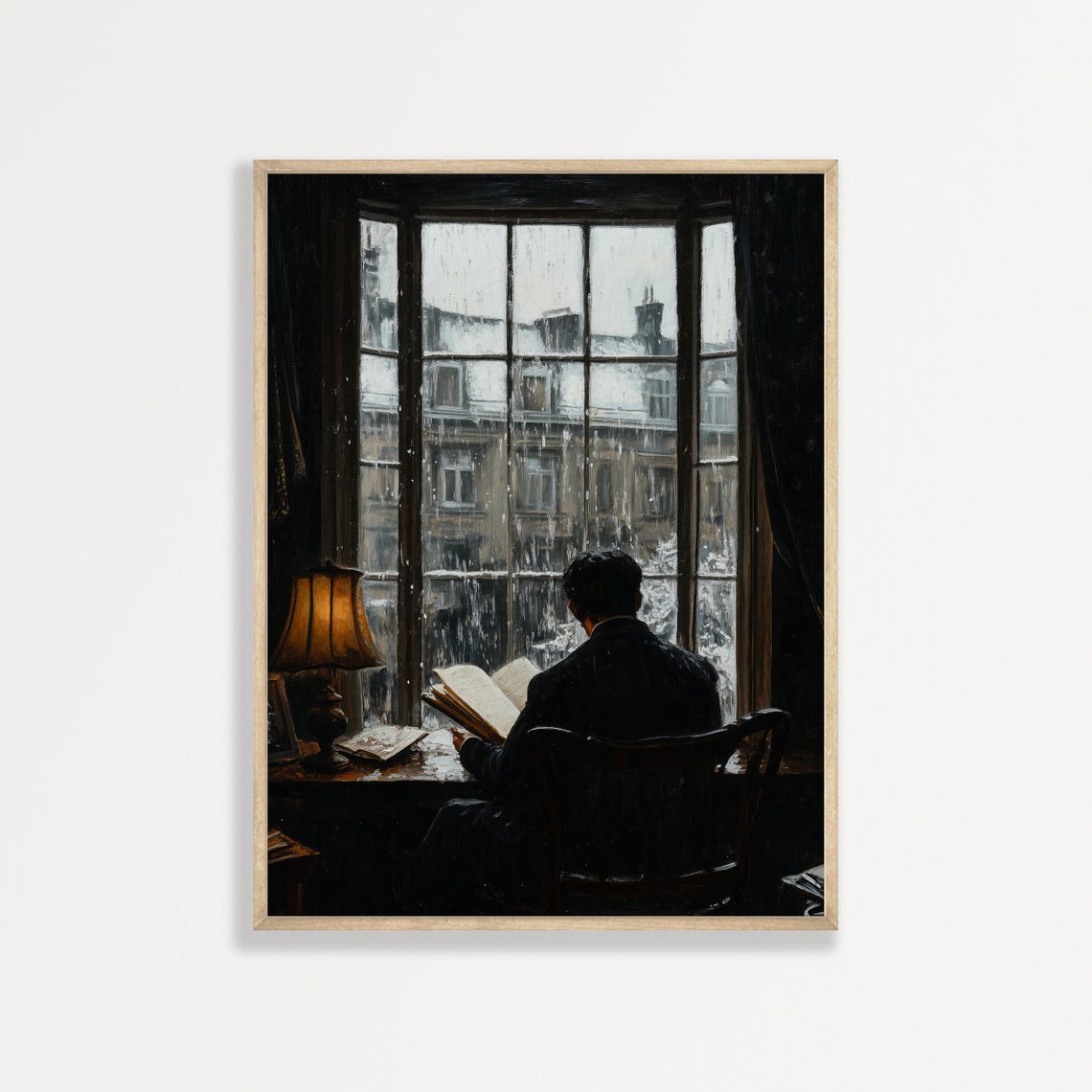 Snowy Window Reading Nook Cozy Winter Rooftop View Vintage Art Poster