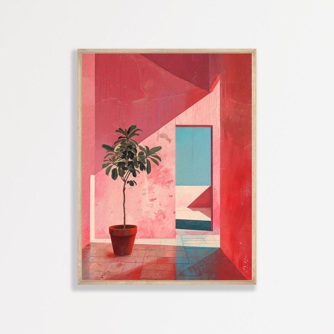 Pink Architectural Interior Potted Tree Blue Sea Minimal Art Poster