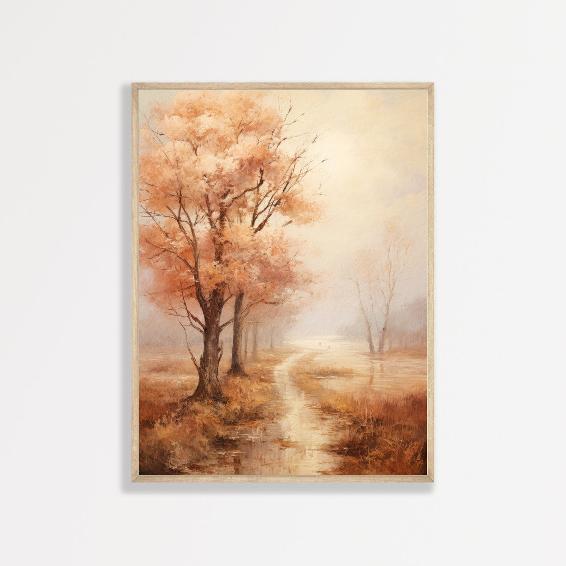 Autumn Path Peach Trees Misty Golden Meadow Rustic Landscape Poster