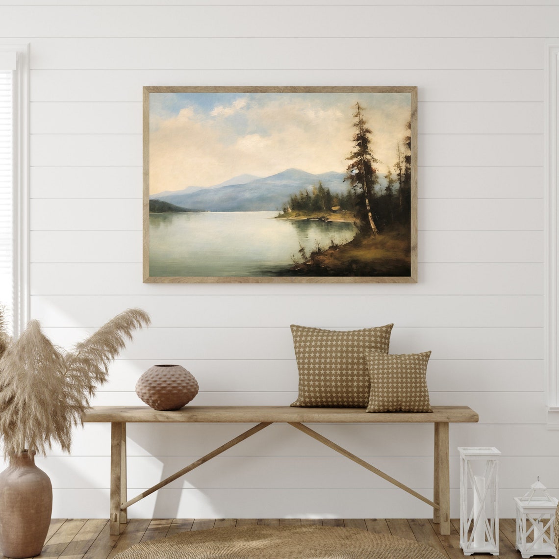 Vintage Lake Landscape Painting Moody Nature Wall Art Antique Cottagecore Rustic Farmhouse Print P 827 - Image 3