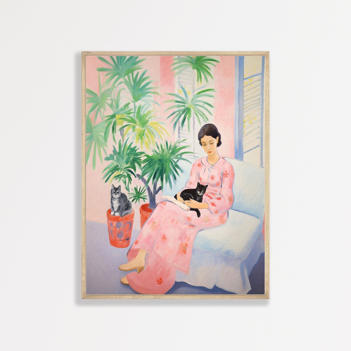 Woman Reading Sofa Cats Palm Trees Matisse Style Vintage Interior Wall Art Print